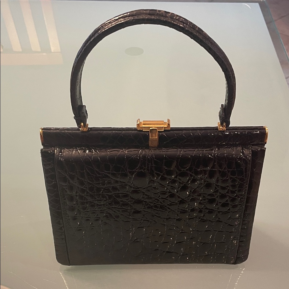 Luxurious Black Crocodile-Embossed Satchel circa 1972 from Italy
